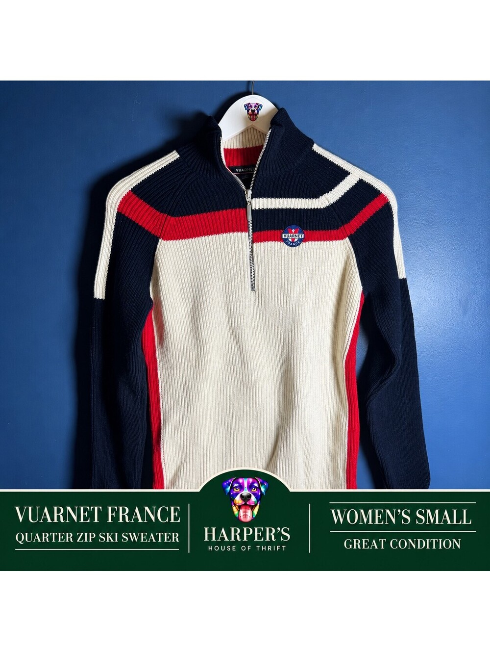 Vuarnet Half Zip Ribbed Wool Blend Ski Sweater Navy Red Cream Size S